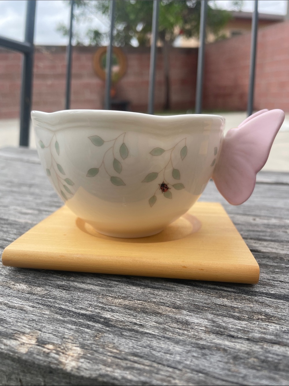 Lenox White Porcelain Mug with Pink Butterfly Handle and Green Leaf Motif